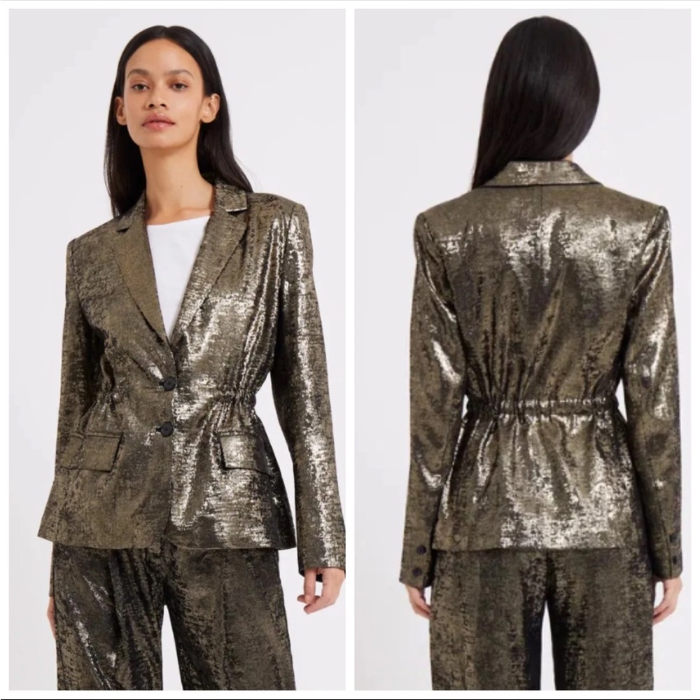 French Connection $179 Alara Metallic Notch Collar Blazer Gold Women's Tie Waist